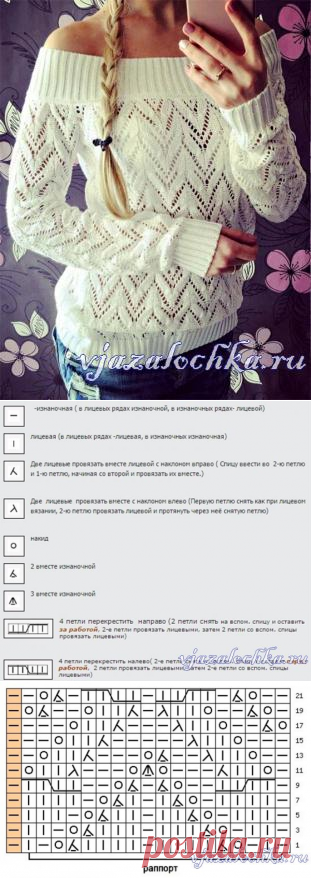 Белый пуловер спицами ажурным узором