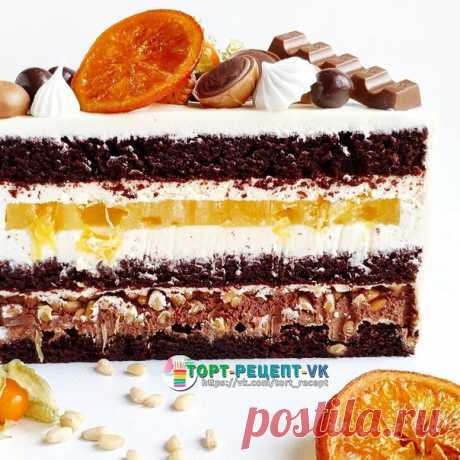 ШОКОЛАДНО-АПЕЛЬСИНОВЫЙ ТОРТ С КЕДРОВЫМИ ОРЕШКАМИ.

Кофейно-шоколадный бисквит, ганаш на молочном шоколаде, много-много кедровых орешков, апельсиновая начинка с мякотью всеми любимого фрукта.

- Ингредиенты:

Шоколадно-кофейный бисквит:
75 гр. сливочного масла,
180 гр. муки,
60 гр. какао,
1 ч.л. разрыхлителя,
1 ч.л. соды,
315 гр. сахара,
0,5 ч.л. соли,
2 шт. яиц,
175 гр. молока,
175 гр. горячего кофе.

100 гр. кедровых орехов.

Апельсиновый слой:
4 гр. желатина (у меня д.эт...