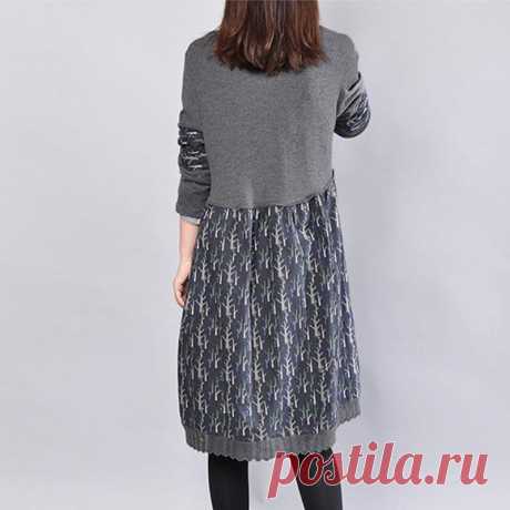 Leisure Women Spring Autumn Knitting Splicing Printing Gray Dress – Buykud