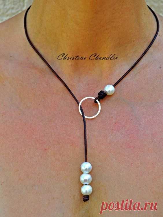 (6) Leather Necklace - Leather Jewelry - Pearl and Leather Necklace Circle of Love with Sterling Silver Hammered Circle - Multi option Necklace
