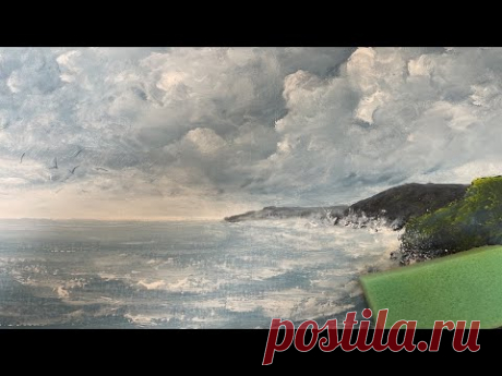 Как нарисовать Морской пейзаж кухонной губкой. How to paint seascape using kitchen sponge.