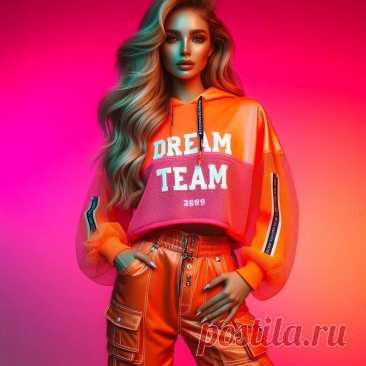 Яркий образ: неоновый стиль и дерзкая надпись dream team в модной фотосессии. Картинка из нейронной сети Dalle - Dalle примеры промтов - Форум ИИ о нейросетях - Yes Ai
