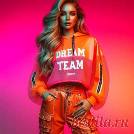 Яркий образ: неоновый стиль и дерзкая надпись dream team в модной фотосессии. Картинка из нейронной сети Dalle - Dalle примеры промтов - Форум ИИ о нейросетях - Yes Ai