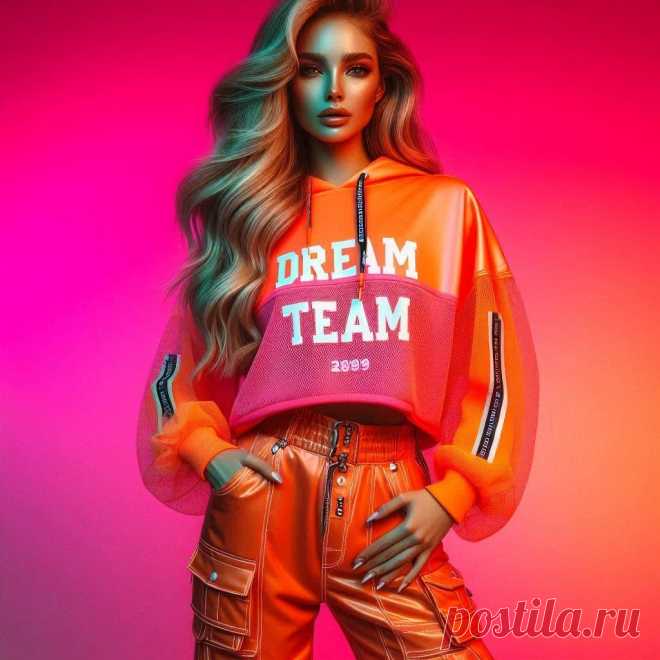 Яркий образ: неоновый стиль и дерзкая надпись dream team в модной фотосессии. Картинка из нейронной сети Dalle - Dalle примеры промтов - Форум ИИ о нейросетях - Yes Ai