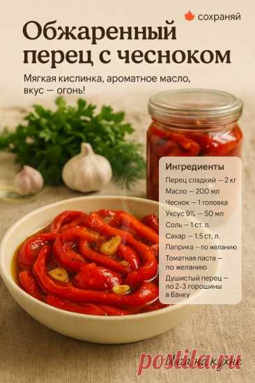 Сочный, маслянистый, с чесночной ноткой и лёгкой кислинкой. Такой перец подают в ресторанах - а у нас будет домашняя заготовка, которую просят снова и снова. Подавайте к картошке, мясу, в сэндвич или просто с тостом — это всегда будет вкусно.
Как готовить:
1. Перцы вымойте, очистите от семян и нарежьте крупными дольками или половинками.
2. Сначала ароматизируем масло: в 100 мл масла обжарьте 2–3 зубчика чеснока до золотистого цвета, затем удалите — они отдали свой аромат.
...