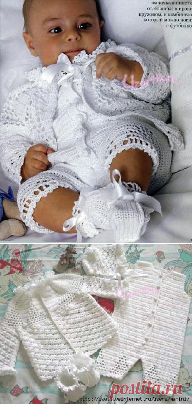 Набор для ангелочка: кружевной жакет с кокеткой, комбинезон, шапочка и пинетки - Вязание крючком и спицами, схемы | Узорчик.ру