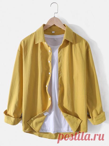 Mens Cotton Solid Color Lapel Long Sleeve Casual Shirts - US$22.99