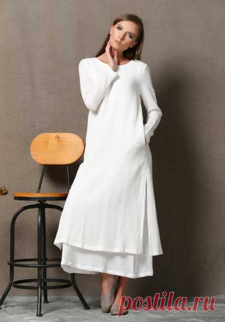 White Linen Dress Layered Loose-Fitting Plus Size от YL1dress