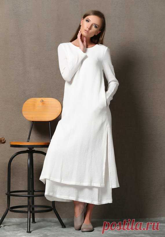 White Linen Dress Layered Loose-Fitting Plus Size от YL1dress