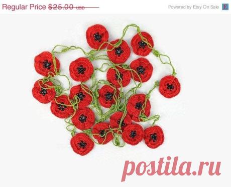 ON SALE Red Poppy Necklace Boho Crochet Red Poppy от Nakkashe