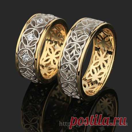 Кольцо. Обручальные кольца. Женское обручальное кольцо. Мужское обручальное кольцо. Пара обручальных колец. Белое золото. Желтое золото. Геометрический орнамент. Бесцветные бриллианты.
