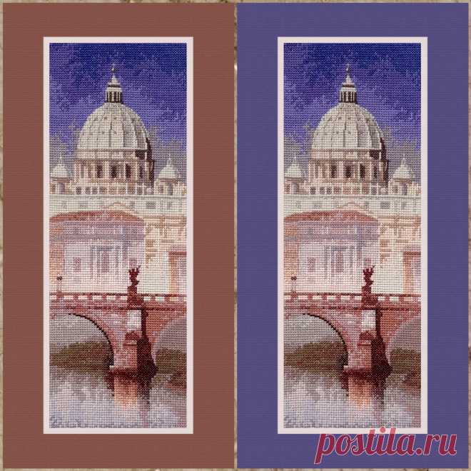 Собор св.Петра
по оригинальному набору JCPS 851 "St. Peter's" Heritage Stitchcraft;
оформление виртуальное; варианты для сравнения демонстрируют, насколько цвет паспарту меняет восприятие и "подсветку"