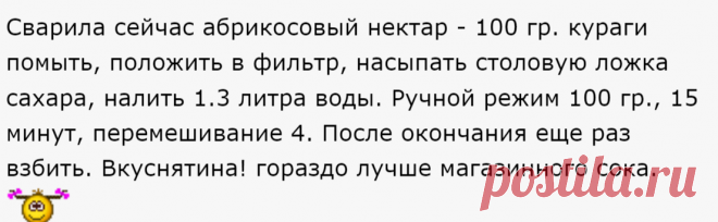 Абрикосовый нектар - 100 гр. кураги помыть, положить в фильтр, насыпать столовую ложка сахара, налить 1.3 литра воды. Ручной режим 100 гр., 15 минут, перемешивание 4. После окончания еще раз взбить.