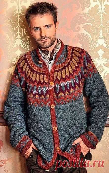 Мужской жаккардовый жакет спицами