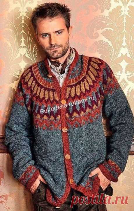 Мужской жаккардовый жакет спицами