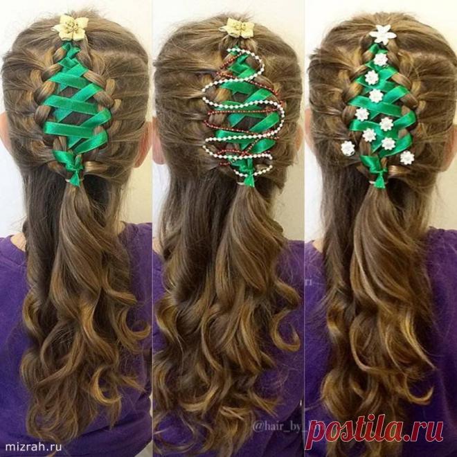 Новогодняя прическа: вплетаем ленту "елочкой". Видео