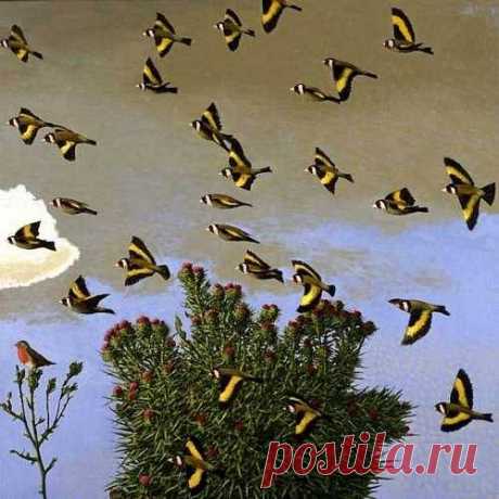myfairynuffstuff:
“David Inshaw (b.1942) - Goldfinches. 2003-2004.
”