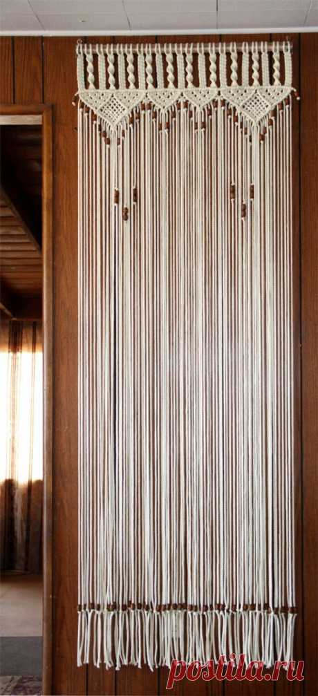 Bead Fringed Door Curtain Macrame  For a Door With Tie-Backs In Cotton Or Jute Cord THIS IS A MADE TO ORDER ITEM {My Copyright Pattern #1} Photo shows curtain 30 by 80.  PRICES LISTED ARE FOR THIS DESIGN in a 6 mm(1/4 inch diameter)Bonnie Braid Cord or a 5 mm cotton or jute. {The macrame knotting design is 12 inches from top of curtain loops to the bottom tip of last