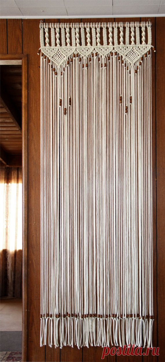 Bead Fringed Door Curtain Macrame  For a Door With Tie-Backs In Cotton Or Jute Cord THIS IS A MADE TO ORDER ITEM {My Copyright Pattern #1} Photo shows curtain 30 by 80.  PRICES LISTED ARE FOR THIS DESIGN in a 6 mm(1/4 inch diameter)Bonnie Braid Cord or a 5 mm cotton or jute. {The macrame knotting design is 12 inches from top of curtain loops to the bottom tip of last