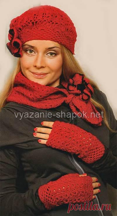 Берет с цветком, шарф и митенки. Красивый узор для берета крючком | ВЯЗАНИЕ ШАПОК: женские шапки спицами и крючком, мужские и детские шапки, вязаные сумки