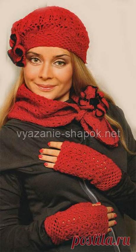 Берет с цветком, шарф и митенки. Красивый узор для берета крючком | ВЯЗАНИЕ ШАПОК: женские шапки спицами и крючком, мужские и детские шапки, вязаные сумки