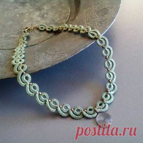 Khaki tatted lace necklace with brass round spiral charm//lace