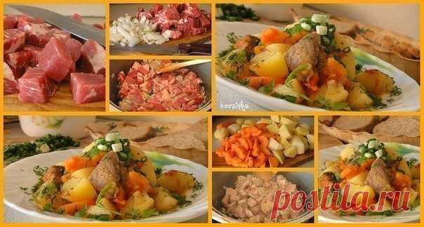 ЖАРКОЕ

Состав:
мясо (свинина - шея или вырезка) - грамм 250-300
картофель - 8-10 крупных шт.
морковь - 2 больших
лук репка - 1-2 шт.
соль, перец, специи по вкусу.

Приготовление:
Лук порезать кубиком, немного обжарить на раст. масле в жаровне, добавить мясо нарезанное средним кубиком, посолить и поперчить. при желании добавить любимые специи. Тушить около 10-15 мин. Картофель и морковь порезать так же средним кубиком, выложить к мясу. Добавить немного воды и тушить до гот...