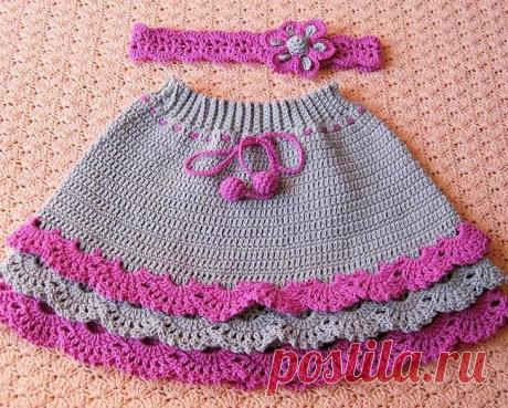 Юбка крючком для девочки и повязка с цветком. Схема и описание