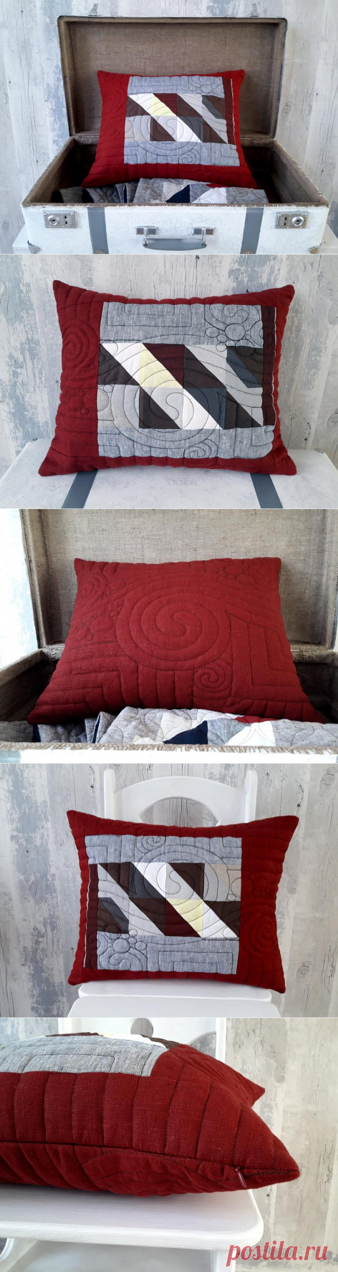 Decorative Rectangle Pillowcase Patchwork Red Linen Quilted | Etsy