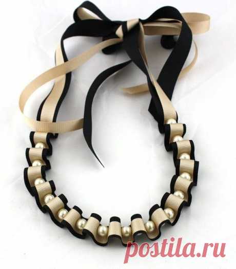 Ribbon and Pearl Necklace - Black and Gold Ribbon and Pearl Necklace