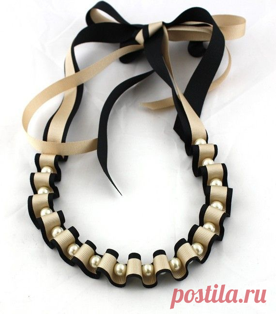 Ribbon and Pearl Necklace - Black and Gold Ribbon and Pearl Necklace