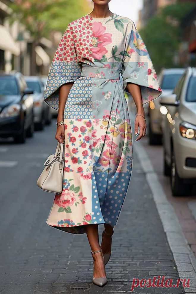 Women's Vintage Elegant Floral Print Midi Dress Beihailx