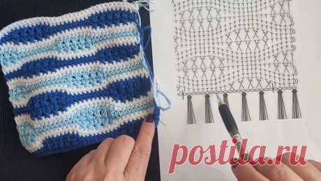 Волнистый узор для пледа из остатков пряжи. Крючком. Видео МК. / knittingideas.ru