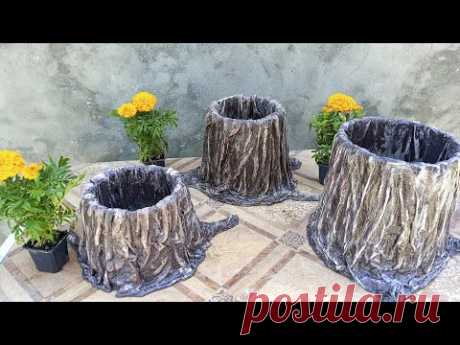 Кашпо пенёк из старого ведра и ненужных вещей | DIY flower pot