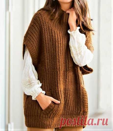 Безрукавка патентным узором, с карманами, спицами. / knittingideas.ru