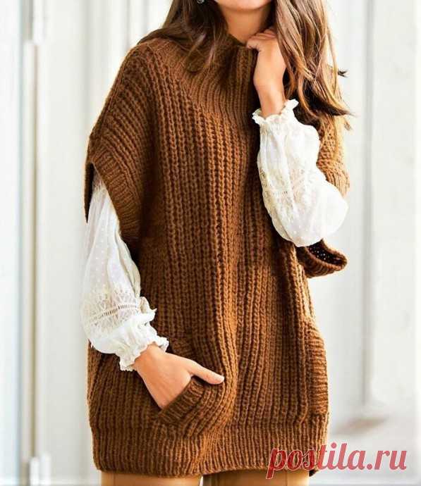 Безрукавка патентным узором, с карманами, спицами. / knittingideas.ru