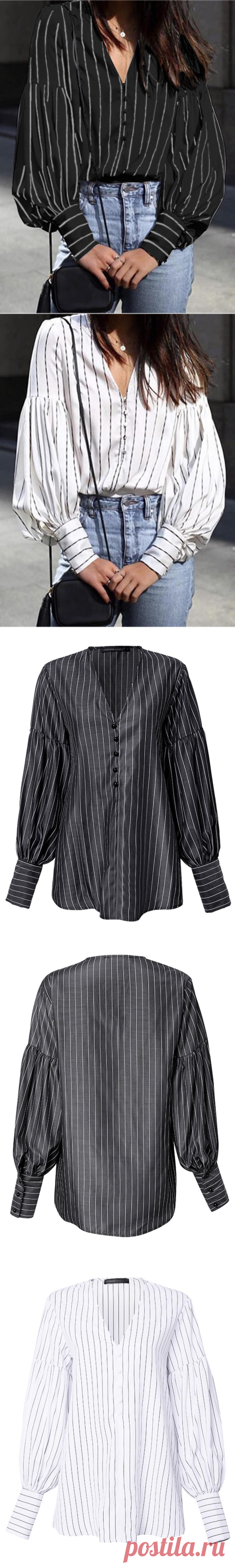 stripe v-neck long sleeve casual blouse with button