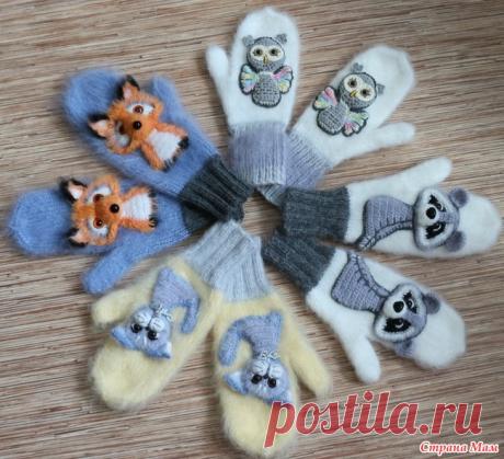 варежки с аппликацией Всем привет!  Навязались у меня варежки из мохера в две нити с аппликациями в стиле амигуруми. Идея обязательно кому-нибудь пригодится на подарочки к зимним праздникам.