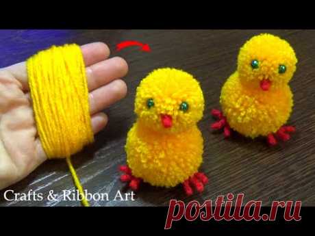 Super Easy Pom Pom Chicken Making Idea with Fingers - DIY Pom Pom Chick - How to Make Yarn Chicken