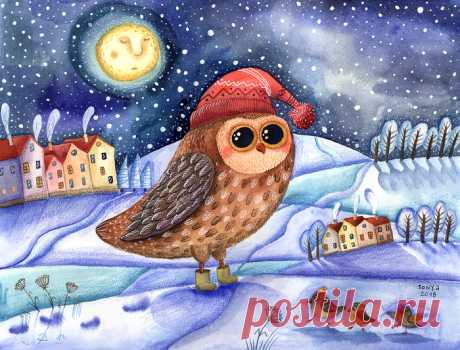 Иллюстрация &quot;Ночь, улица, сова&quot; 🦉 . Просмотреть иллюстрацию &quot;Ночь, улица, сова&quot; 🦉  из сообщества русскоязычных художников автора Sofya Saburova в стилях: Графика, нарисованная техниками: Акварель, Карандаш.