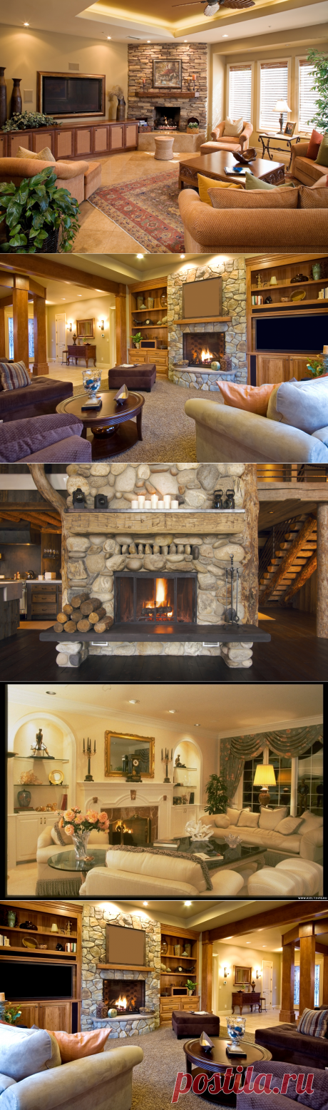 Интерьер зала с камином в доме