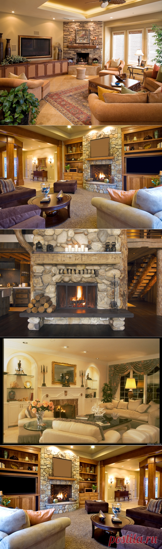 Интерьер зала с камином в доме