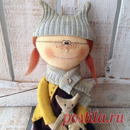 Купить "Девочка с котом" Интерьерная кукла - жёлтый, коричневый, серый, котик, девочка, веснушки, очки