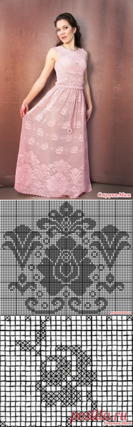 Филейное длинное платье с розами - Вяжем вместе он-лайн - Страна Мам