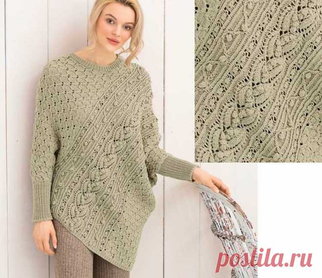 Пуловер-пончо
Сложный в исполнении и очень эффектный и необычный пуловер, скроенный на манер пончо, наверняка привлечет опытных мастериц.

Журнал «Сабрина» № 8/2015
23
 
РАЗМЕРЫ

36/40 (42/44)

ВАМ ПОТРЕБУЕТСЯ

Пряжа (35% мериносовой шерсти, 35% полиамида, 30% хлопка; 110 м/50 г) – 650 (750) г бежевой; круговые спицы №3,5 и 4. 

ВНИМАНИЕ!

Рекомендуем в связи с большим числом петель вязать на круговых спицах рядами в прямом и
обратном направлении. 

УЗОРЫ И СХЕМЫ


РЕЗИНКА...