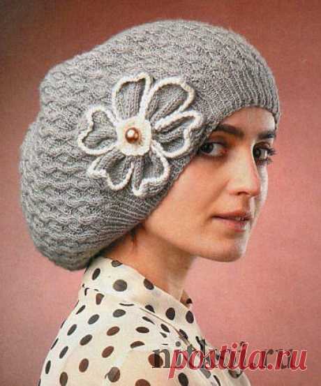 Зимний берет спицами с цветком &amp;raquo; Ниткой - вязаные вещи для вашего дома, вязание крючком, вязание спицами, схемы вязания