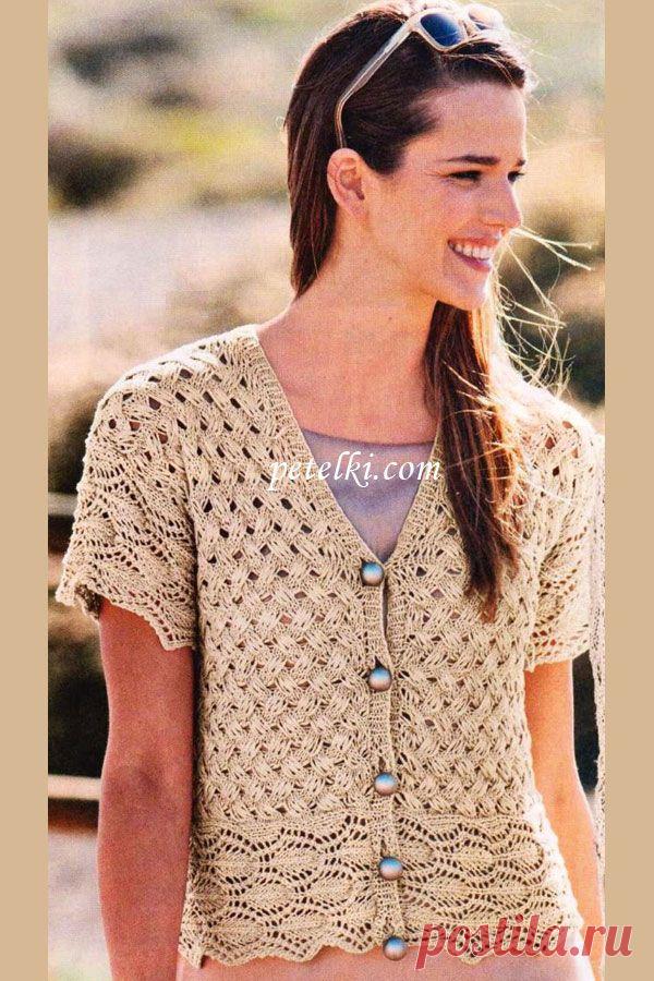 Жакет с плетеным узором и узором из листьев