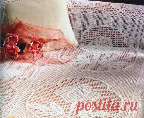 Филейное покрывало «Королевская роза» Схема вязания крючком филейного покрывала «Королевская роза»