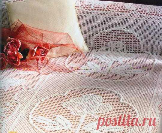 Филейное покрывало «Королевская роза» Схема вязания крючком филейного покрывала «Королевская роза»