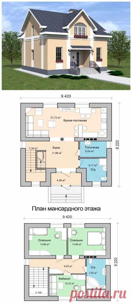 Проект уютного дома с мансардой. | Архитектурное бюро. Авторские проекты планы домов и коттеджей в Воронеже, Белгороде, Курске, Туле, Москве